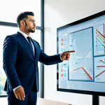 A professional man in a modest business suit stands in a brightly lit, modern office with large windows, pointing confidently at a digital transparent screen displaying a clear, strategic roadmap. His posture is natural, and he has a focused expression, representing goal-setting and precision. The background shows subtle futuristic architectural elements. The scene is safe for work, appropriate content, fully clothed, professional dress, perfect anatomy, correct proportions, well-formed hands, proper finger count, natural body proportions, professional photography, high quality, family-friendly.