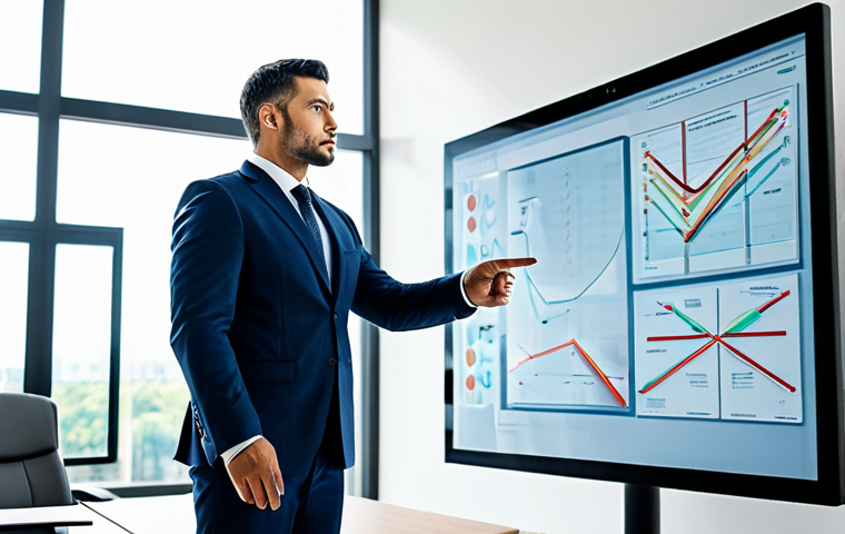 A professional man in a modest business suit stands in a brightly lit, modern office with large windows, pointing confidently at a digital transparent screen displaying a clear, strategic roadmap. His posture is natural, and he has a focused expression, representing goal-setting and precision. The background shows subtle futuristic architectural elements. The scene is safe for work, appropriate content, fully clothed, professional dress, perfect anatomy, correct proportions, well-formed hands, proper finger count, natural body proportions, professional photography, high quality, family-friendly.